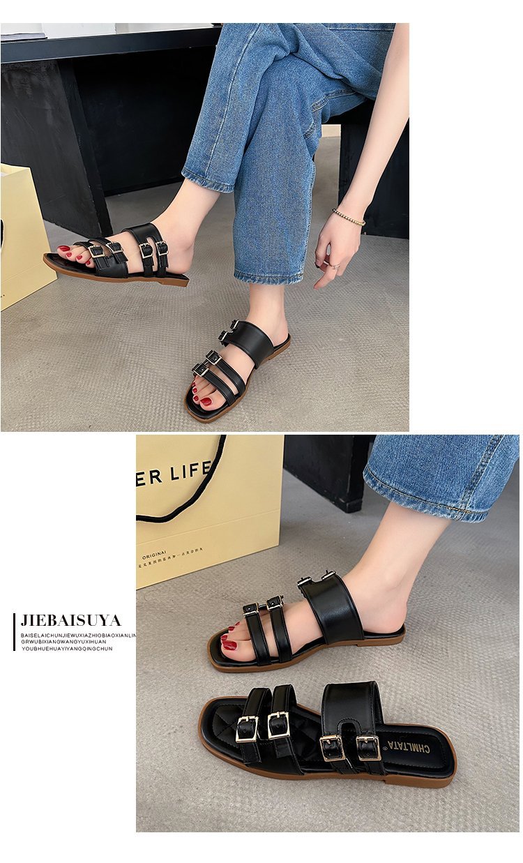 2023 neue bequeme flache Hausschuhe, Sommer-Strandschuhe für Damen im Freien, Doppelschnalle, stilvolle Einriemen-Lazy-Sandalen_voghion.com