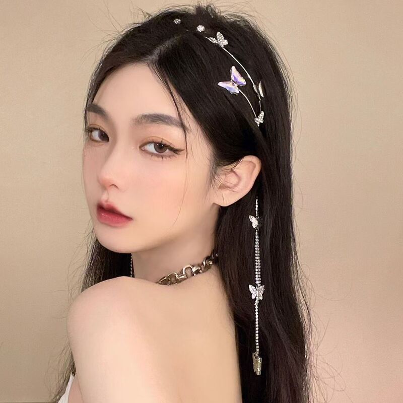 High-End Handmade Diamond-Encrusted Butterfly Tassel Hairpin Carson Style Fairy Hairband Princess Headband Elf Headwear Hair Accessory