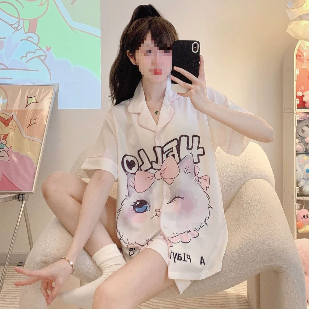 Летние пижамы из ледяного шелка для женщин 2024, новые милые с коротким рукавом и принтом кошки, сладкий комплект из двух предметов для дома, которые можно носить и на улице