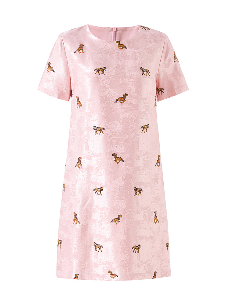 Đầm maxi nữ tay ngắn thêu hoa văn jacquard, chất liệu linen phối ren — màu hồng