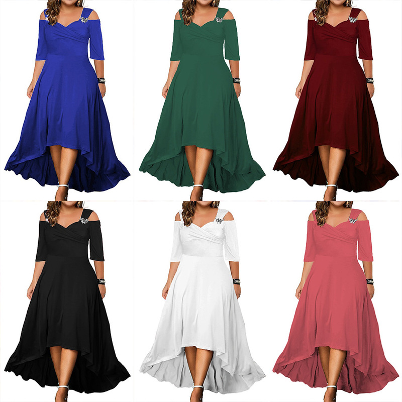 Cross-border foreign trade new European and American solid color sexy off-shoulder large swing dress 2023 Summer large size women's dress