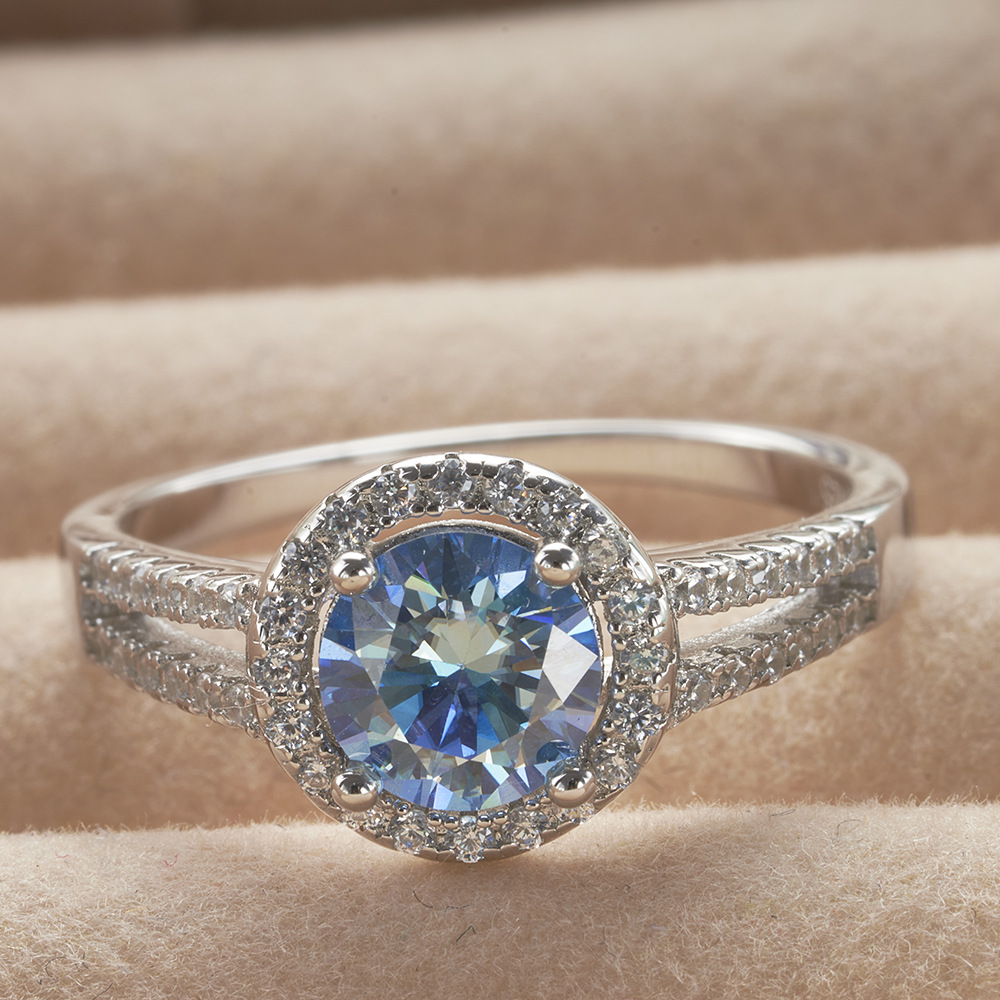 1 quilates de anillo de piedra de moissanita azul de plata esterlina en vivo para mujeres diamantes ligeros anillo de lujo europeo y americano