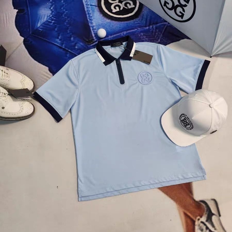 24 Summer New Golf New Color Block Lapel Men's Business Casual Zipper Short Sleeve Top