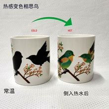 跨境电商梅花变色相思鸟爱情猫头鹰动物马克杯陶瓷杯批发热冷双变