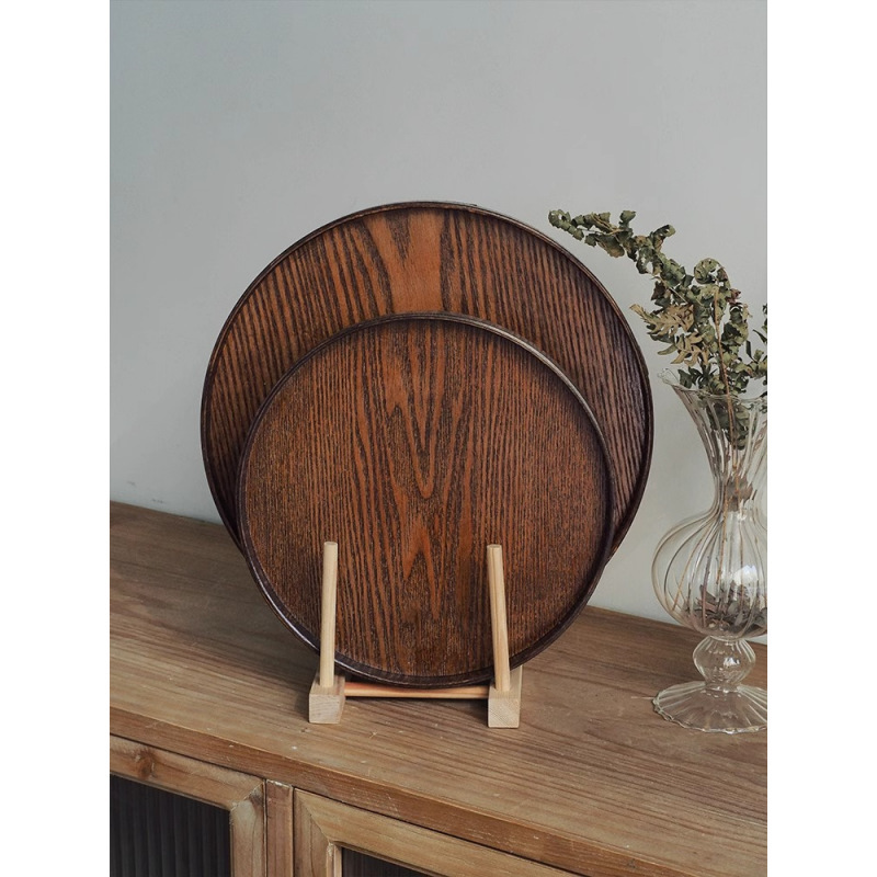 Japanese Style Vintage Round Wooden Tray Household Dim Sum Tea Tray Dinner Plate Cafe Cake Plate Fruit Plate