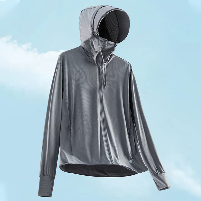 Ropa solar de verano para hombres hielo delgado anti-UV hielo protector solar transpirable pareja ligera ropa de piel encapuchada mujer
