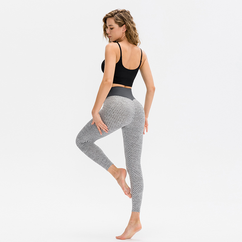 欧美蜜桃臀蜂窝瑜伽裤女 高腰提臀褶皱紧身速干运动健身长裤12351