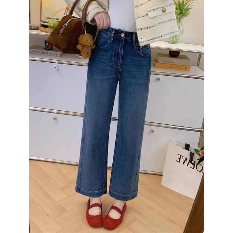 胖mm梨形身材大码弹力九分牛仔裤女春秋宽松高腰显瘦直筒烟筒裤子