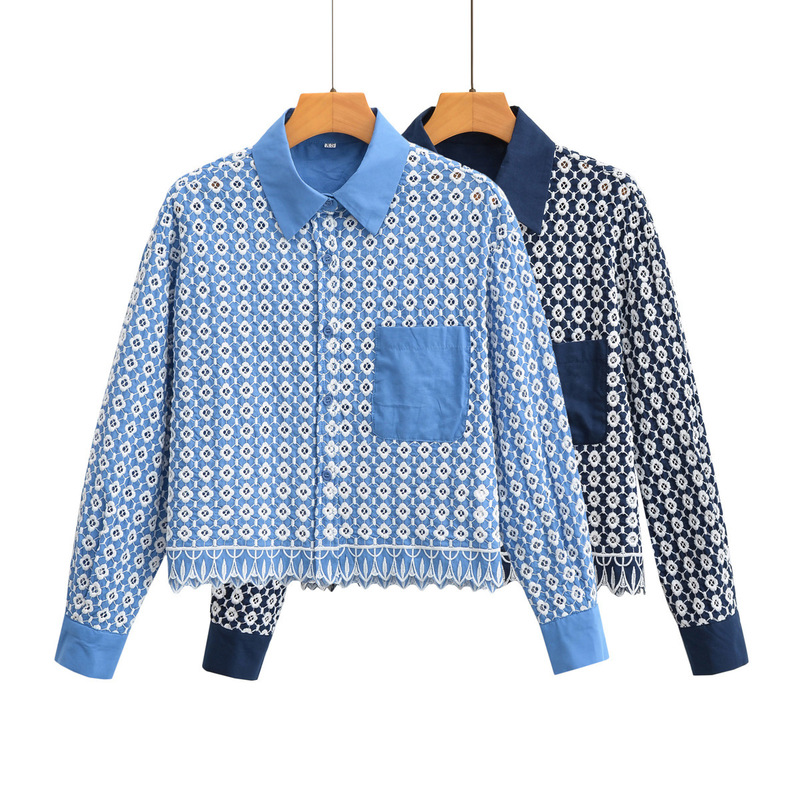 Wholesale 2025 Spring New European and American Style Women's Long-Sleeved Hollow Embroidered Shirt 22082 Wholesale 2025 Spring New European and American Style Women's Long-Sleeved Hollow Embroidered Shirt 22082