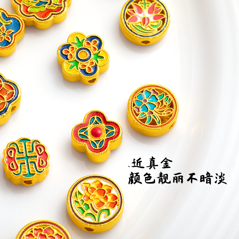 Copper Gold-Plated DIY Jewelry Accessories Wholesale, High Color Retention, Enamel Small Spacer Beads with Fortune Character, Through-Hole Enamel Jewelry