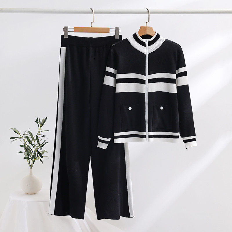 Women's Clothing Fashion suit autumn and winter color matching loose temperament cardigan top skinny pants knitted two piece suit for women_voghion.com