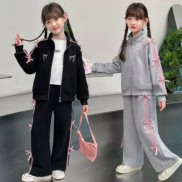Girls' Autumn Wear Sports suit Casual New Children's Bow Western Style Fashionable Cardigan Fashion Sweatpants Two-piece Set