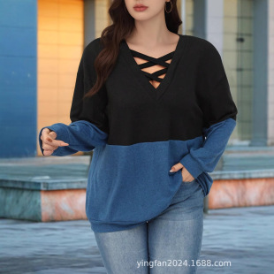 2025 cross-border Europe and the United States new plus size women's Amazon AliExpress color contrast stitching V-neck long sleeve loose T-shirt