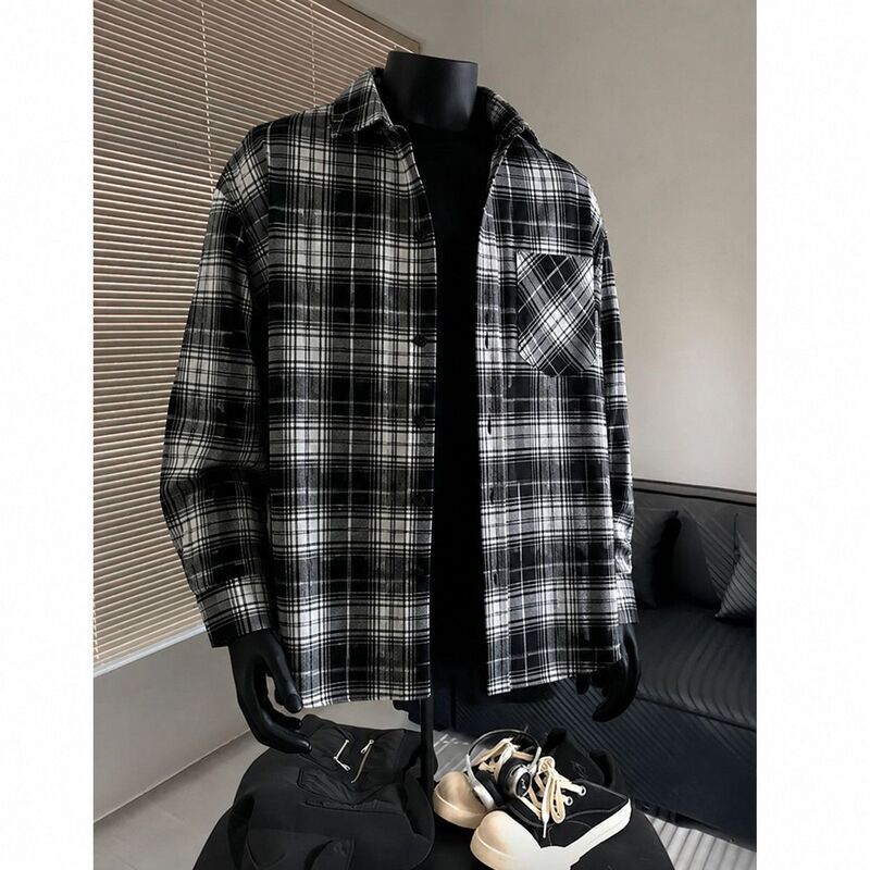 Cross-Border Vintage Black Plaid Shirt for Men, Spring and Autumn Style, High Street Layered Long-Sleeve Shirt, Cleanfit Jacket