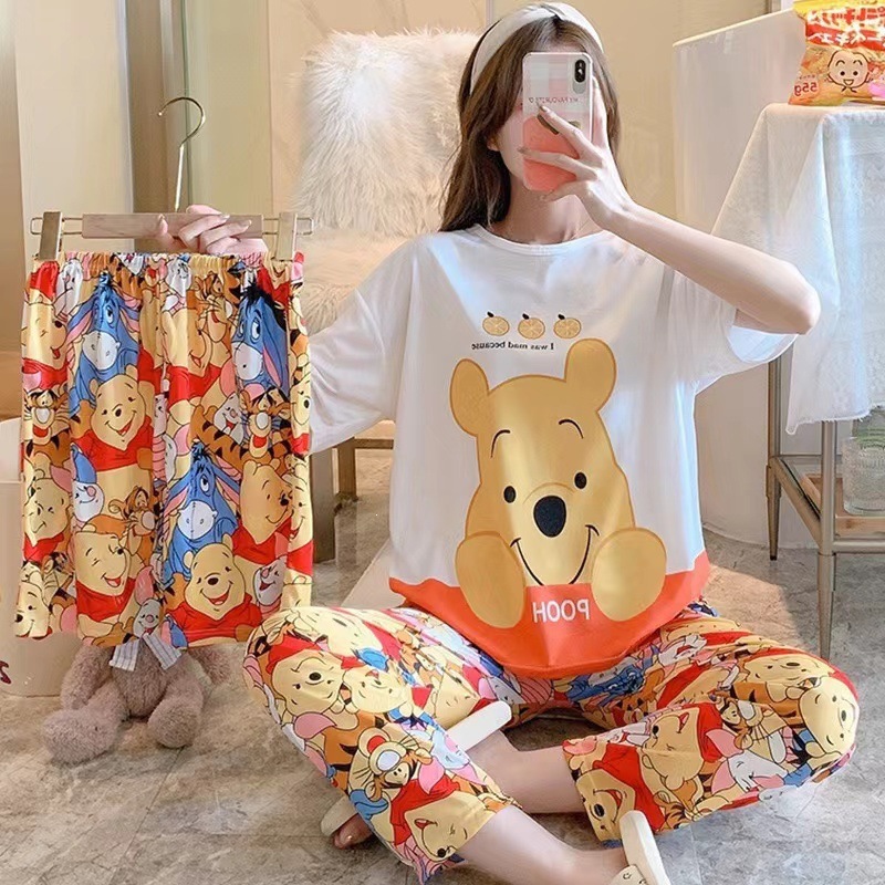 Pijama de verano de mujeres delgado en línea popular estilo coreano estudiantes dulces lindos vestidos para el hogar de mujeres se pueden usar con tres piezas