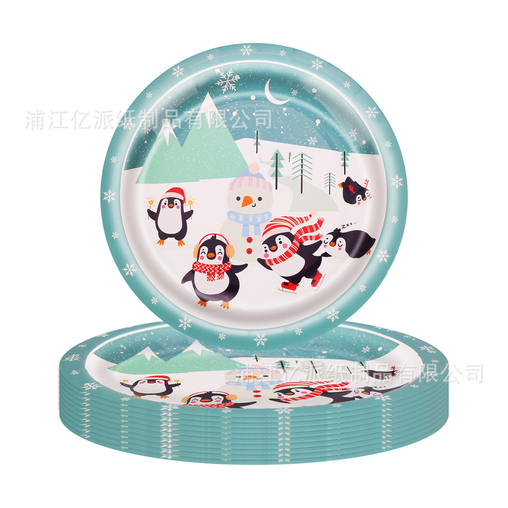 Tema de Navidad Muñeco de nieve azul pingüino juego de vajilla desechable bandeja de papel vaso de papel toalla de papel suministros de decoración de fiesta