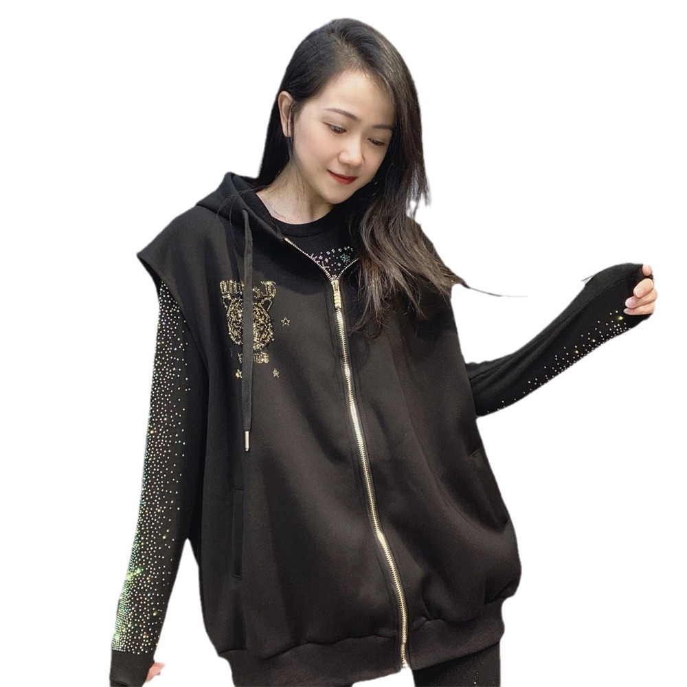 Chaleco de talla grande de gama alta para mujer transfronteriza Cárdigan suelto con cremallera de diamantes Fat mm estilo occidental con capucha chaqueta invierno