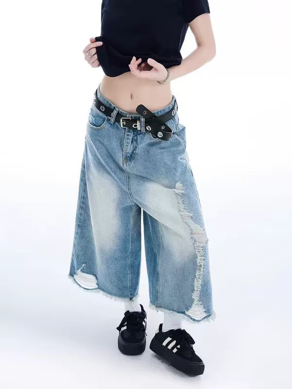Denim skirt, thin pleated skirt, trousers, summer clothing, high waist, loose fit