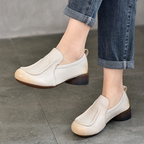 Genuine leather retro single shoes, women's medium heel round toe women's shoes, 2024 spring and summer new style, soft sole, soft leather handmade women's shoes, mother's shoes