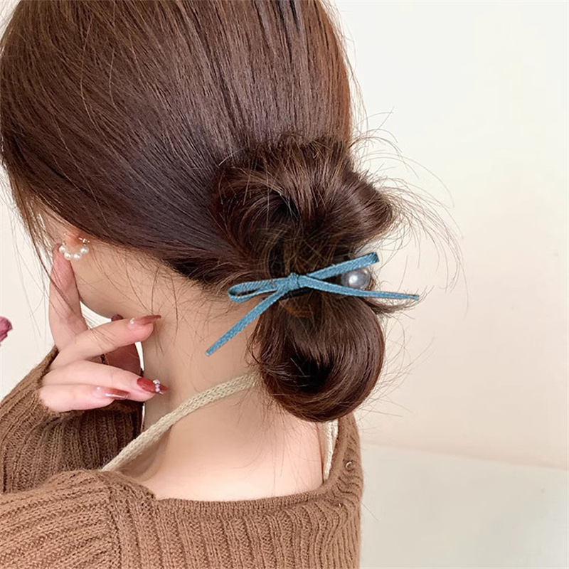 Jeans azul arco anillo de cabello de perla cabeza cuerda de cabello de cola de caballo chica detrás de la cabeza accesorios para el cabello de banda de goma
