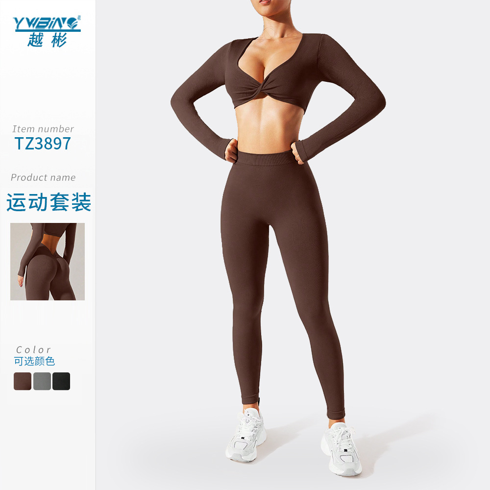 Deportes ropa de entrenamiento de yoga conjunto de dos piezas sexy apretado manga larga alto elástico de secado rápido al aire libre traje de correr desnudo sentido fitness