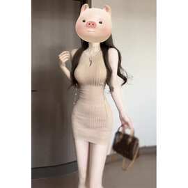 纯欲风性感辣妹挂脖镂空针织连衣裙女夏季修身显身材收腰包臀短裙