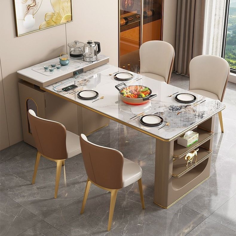 Combinación de mesa de comedor multifuncional simple y retráctil con estufa electromagnética de viento de lujo ligera integrada con mesa de comedor de plataforma de isla doméstica