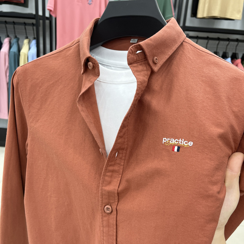 American High-end Long-sleeve Casual Solid Color Embroidered Men's Shirt, Autumn Top_voghion.com