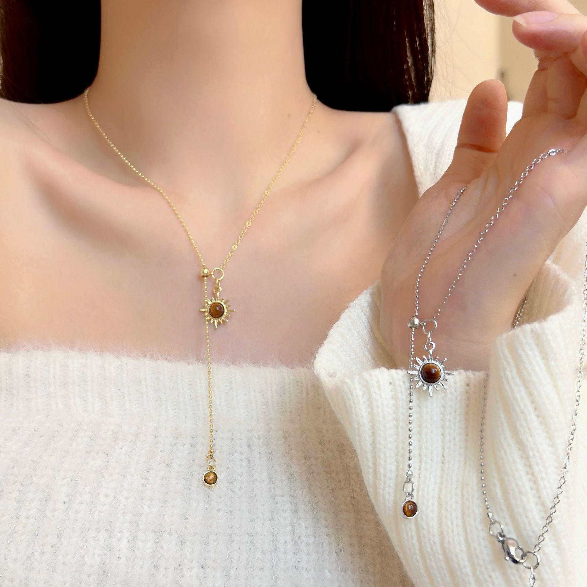 Korean-style Star Tiger Eye Sun Necklace Women's Autumn and Winter Maillard Retro Elegant High-end Sense Woolen Chain Clavicle Chain