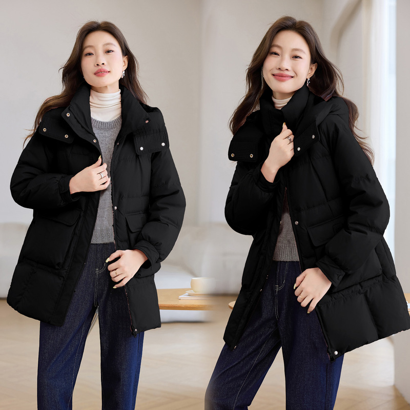 连帽棉服女冬2025新款小个子中长款时尚洋气保暖宽松运动棉衣外套|undefined