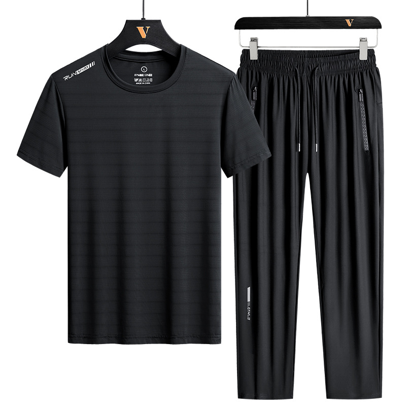 2023 pantalones de manga corta casual deportes traje de seda de hielo de los hombres de secado rápido transpirable de alta elástica camiseta de dos piezas conjunto de entrega de una sola pieza