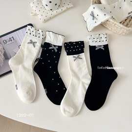 鹿鹿升秋冬新款蝴蝶结波点袜花边袜女袜学院风韩系长袜穿搭装饰袜