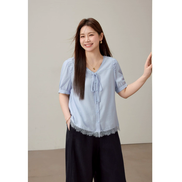 [Misty Sea Waves] Orufeng кружевная рубашка с v-образным вырезом, тонкая и эффектная женская рубашка больших размеров, летний новый стиль