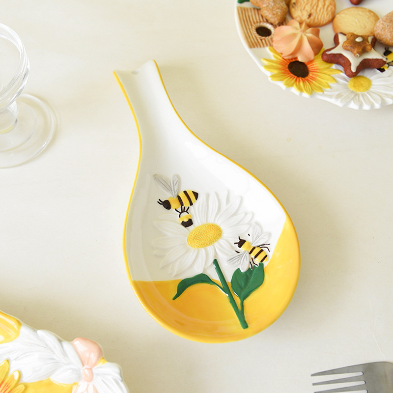 Estante de cuchara de girasol de abeja de primavera, soporte de cuchara, soporte de cuchara de sopa, mesa de comedor, palillos, cuchara, servilleta, estante de cocina
