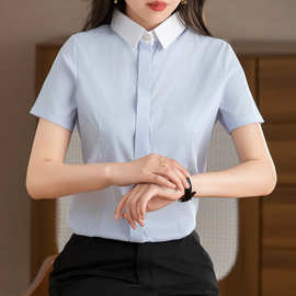 蓝白竖条纹衬衫女短袖夏季薄款设计感小众工装职业工作服蓝色衬衣