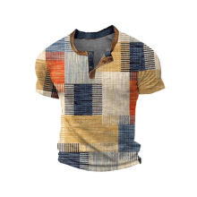 男士休闲短袖复古数码印花夏季新款拼色3扣短袖T恤上衣大码跨境