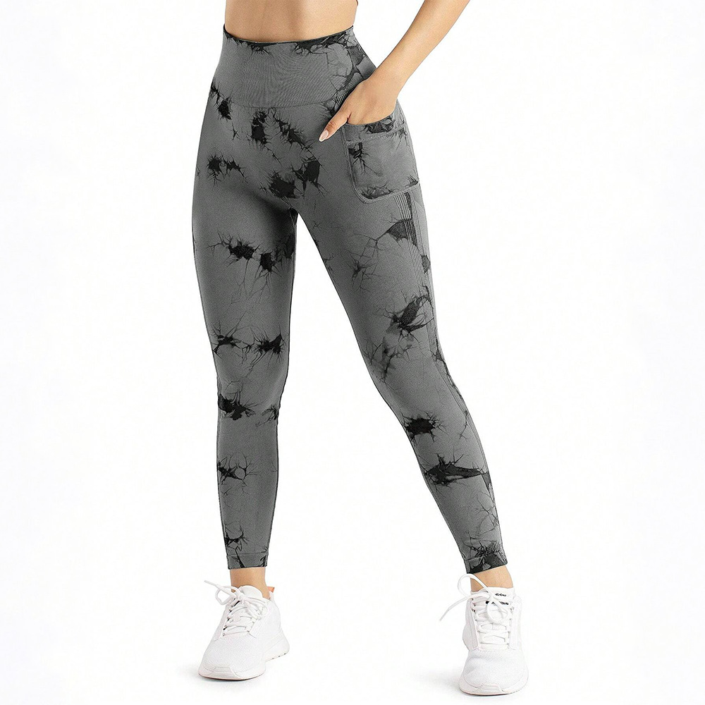 Nuevo estilo transfronterizo sin costuras tiñido de alta elasticidad, bolsillo apretado de peldaño, entrenamiento deportivo, pantalones de yoga para correr