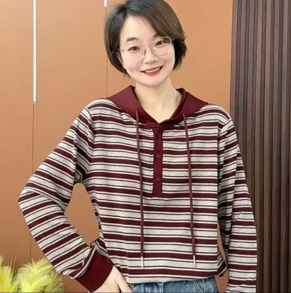 一件代发直播爆款2025秋季新款时尚宽松连帽条纹长袖卫衣女装上衣|undefined