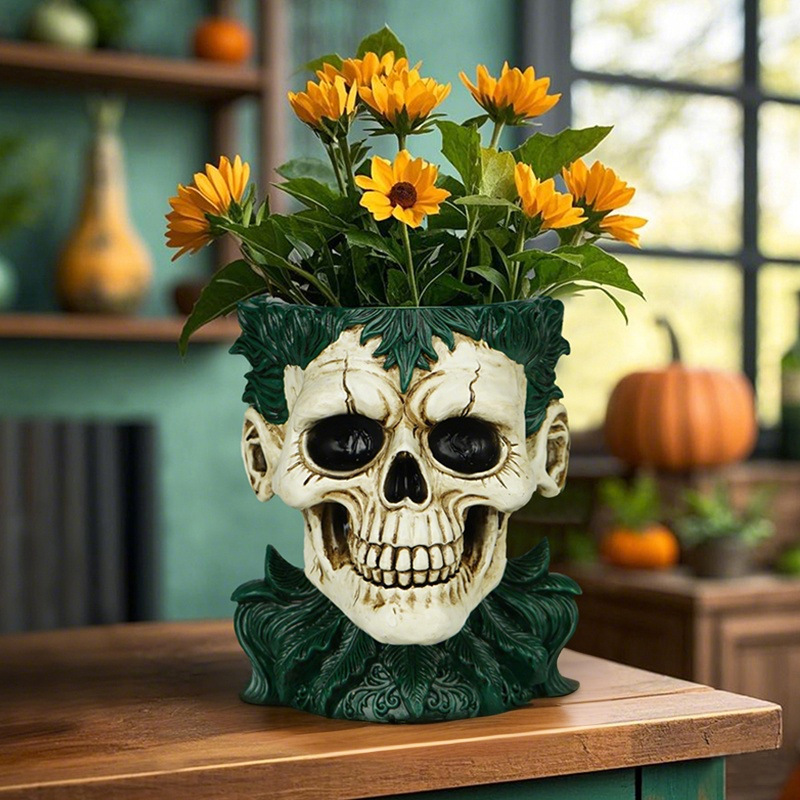 Spot Halloween Skull Flowerpot Resin Ornaments Home Desktop Garden Succulent Green Plant Container Decoration Small Gifts