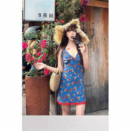 【厂家直销】花瑶印花法式碎花吊带连衣裙女夏V领拼接背心短裙子