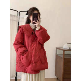 韩版娃娃领棉服甜美保暖红色圣诞款年款翻领爱心口袋小个子外套