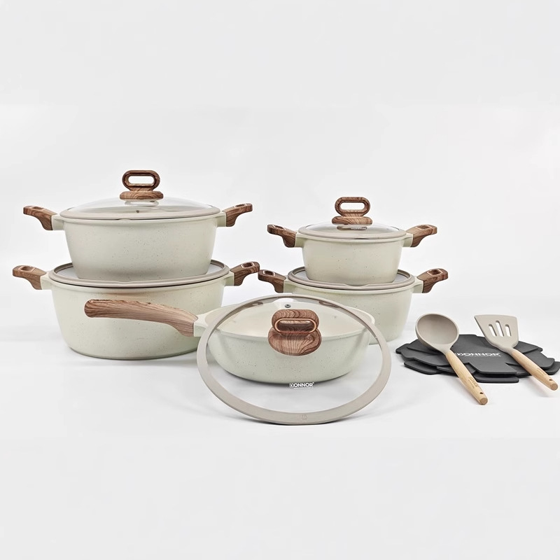 15/16pcs cookware set 15/16 juego antiadherente juego de olla de aluminio fundido a presión de piedra médica fuego de fondo