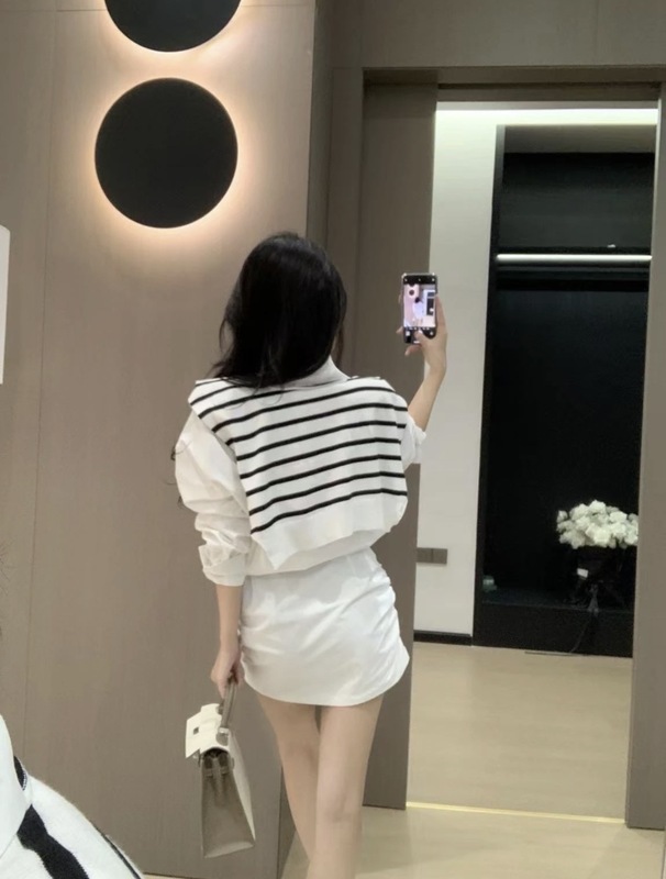RL小马套装女妹条纹披肩衬衫褶皱连衣裙(配披肩腰带)三件套高级|undefined