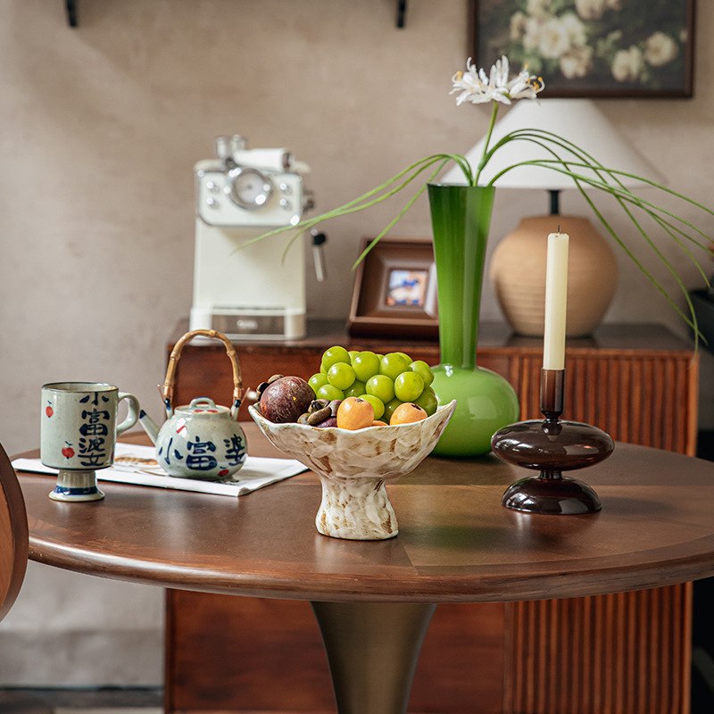 Plato de pie alto de forma especial Wabi-Jifeng Plato de frutas de cerámica gruesa
