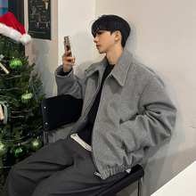 ASCLO秋冬呢子外套男短款韩版潮流宽松翻领拉链夹克休闲百搭上衣