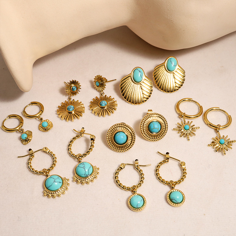 1 Pair Simple Style Flower Plating Inlay 304 Stainless Steel Turquoise 18K Gold Plated Drop Earrings display picture 3