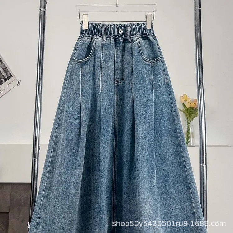 Factory--Spring and Summer New Style Casual and Stylish Denim Skirt, Plus Size, Versatile, Slimming, Over-The-Knee Long Skirt for Women