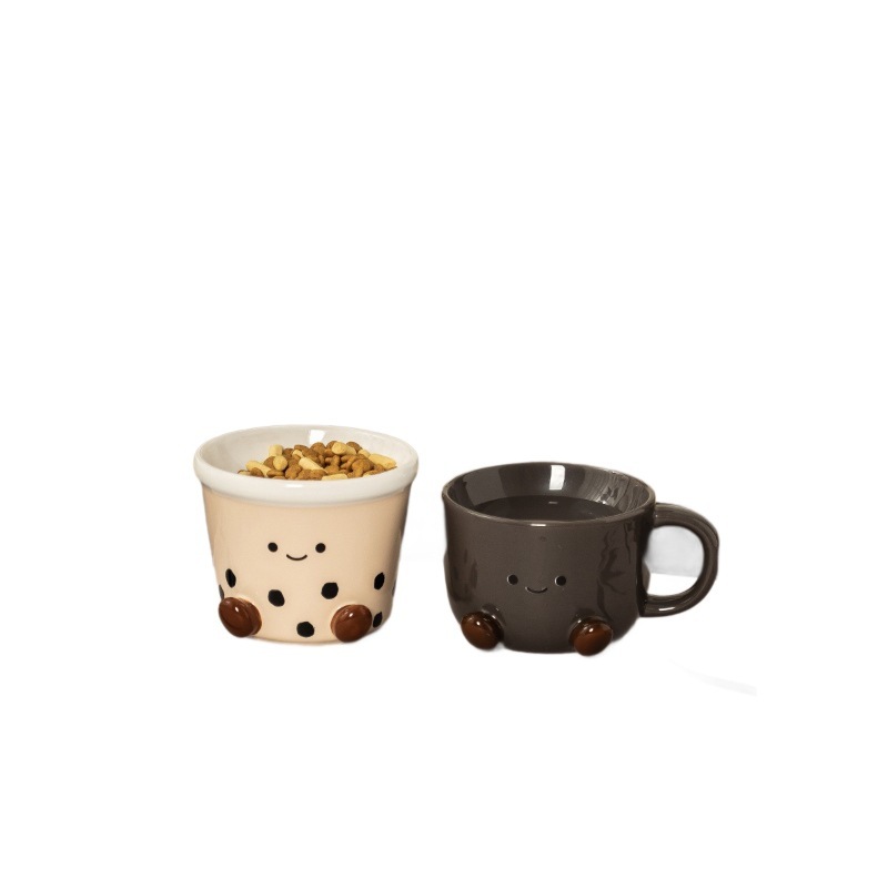 コーヒーミルクティーかわいいスタイル給水ボウルペットボウル水ボウルセラミック猫ボウルフードボウル首の保護大口径は転倒しにくい|undefined