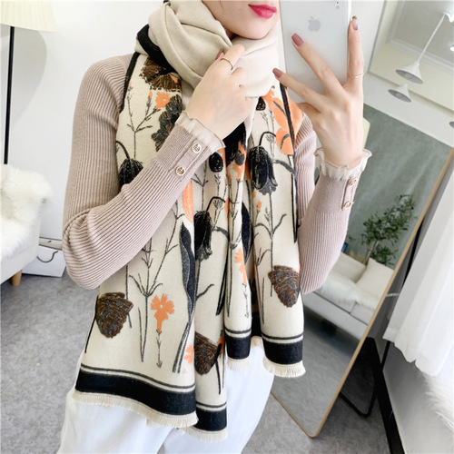 Ethnic style fashionable flower imitation cashmere scarf for women Forest double-sided long retro tassel warm shawl dual use