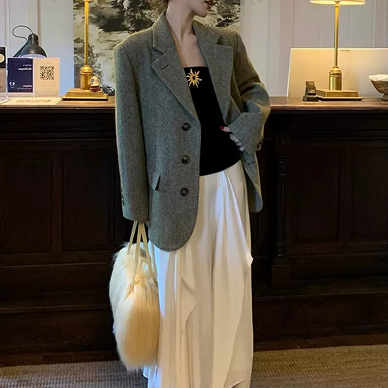 哈里斯粗花呢全英伦复古苔藓绿西装外套2025新款小西服